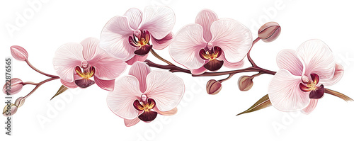 A delicate pink orchid branch with multiple blossoms is captured against a pure white background photo