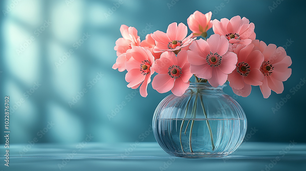 Pink Flowers in a Glass Vase on Blue Background Pink Flowers in a Glass Vase on Blue Background