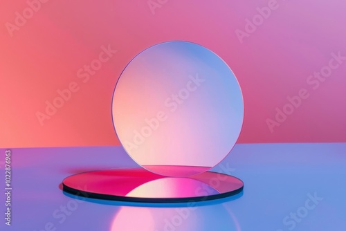 Reflective circular mirrors on a vibrant pink and blue gradient background