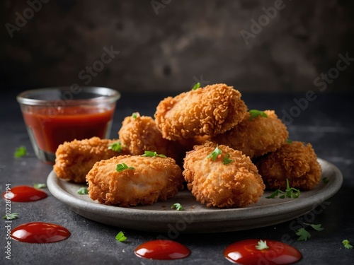 Fried crispy chicken nuggets with ketchup. Crunchy chicken bites with tangy sauce photo