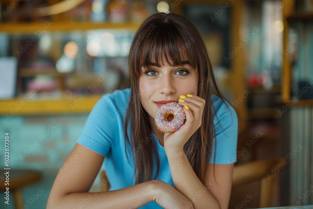 Woman is holding a donut in her hand and smiling Woman is holding a donut in her hand and smiling