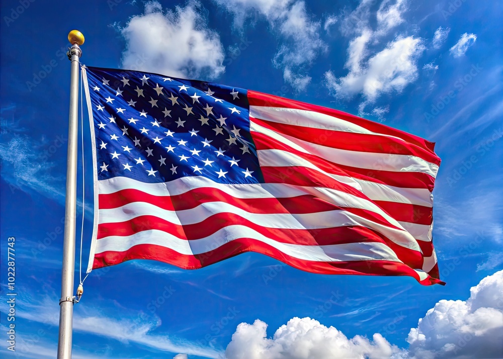 Vibrant High Definition American Flag Waving in the Wind Against a Bright Blue Sky Background Vibrant High Definition American Flag Waving in the Wind Against a Bright Blue Sky Background