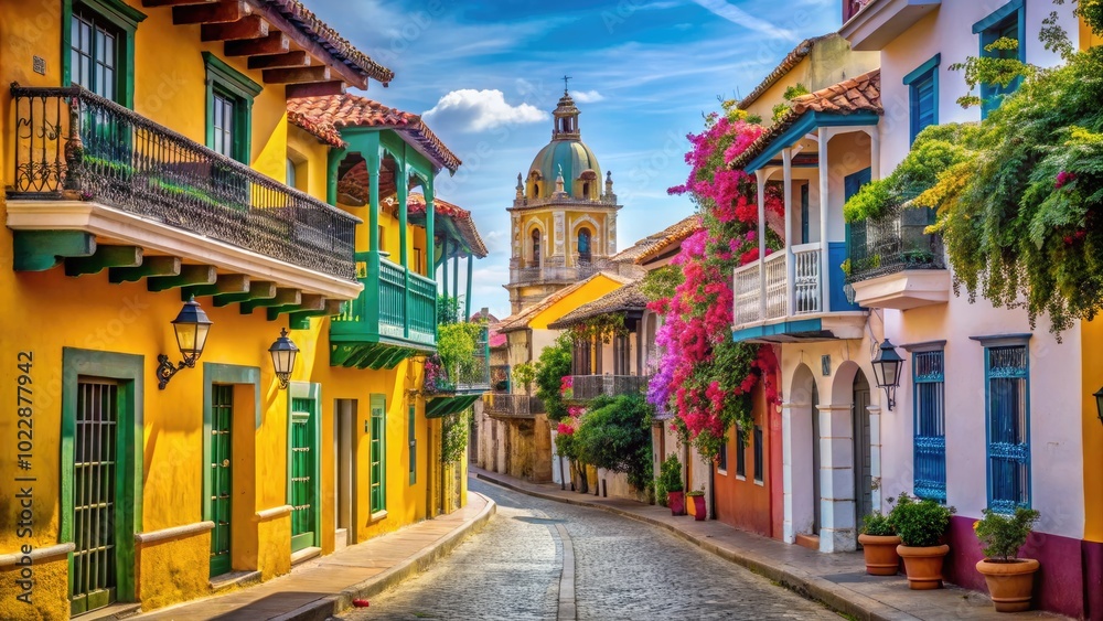 Vibrant Historic Architecture and Colorful Streets of Cartagena, Colombia Under Bright Blue Skies
