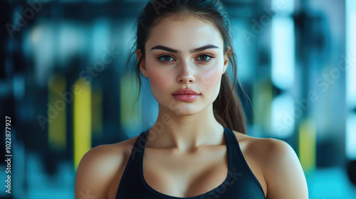 Fit female athlete standing strong in a gym, wearing a black sports bra.