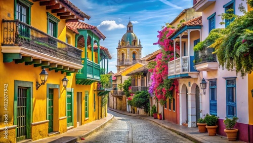 Obraz na płótnie Vibrant Historic Architecture and Colorful Streets of Cartagena, Colombia Under Bright Blue Skies w salonie