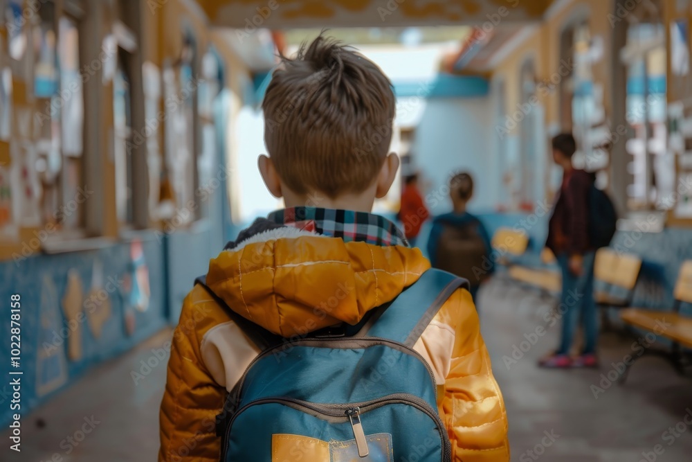 A child with a backpack strolls down a vibrant school corridor, wearing an orange jacket while other students engage in activities around them. A child with a backpack strolls down a vibrant school corridor, wearing an orange jacket while other students engage in activities around them.