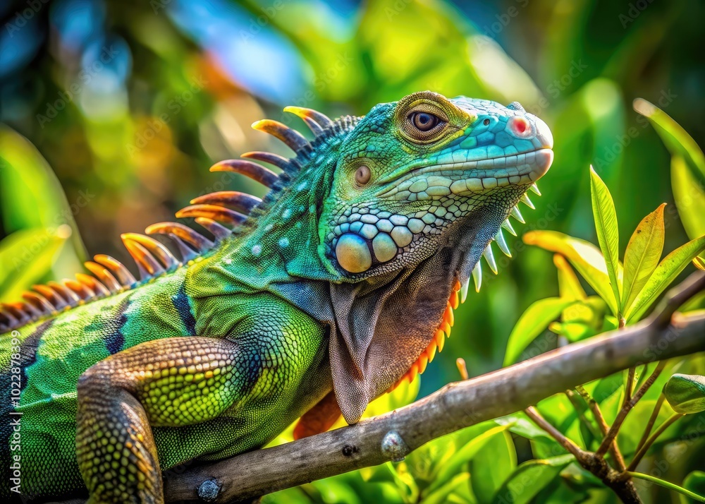 Vibrant Iguana Sunbathing on a Branch Amidst Lush Greenery in the Wilds of Florida's Ecosystem Vibrant Iguana Sunbathing on a Branch Amidst Lush Greenery in the Wilds of Florida's Ecosystem