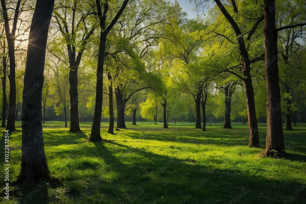 Green park landscape showing deciduous trees with fresh green foliage at springtime and sunny day in panoramic view. Trees with fresh green leaves in the park Green park landscape showing deciduous trees with fresh green foliage at springtime and sunny day in panoramic view. Trees with fresh green leaves in the park