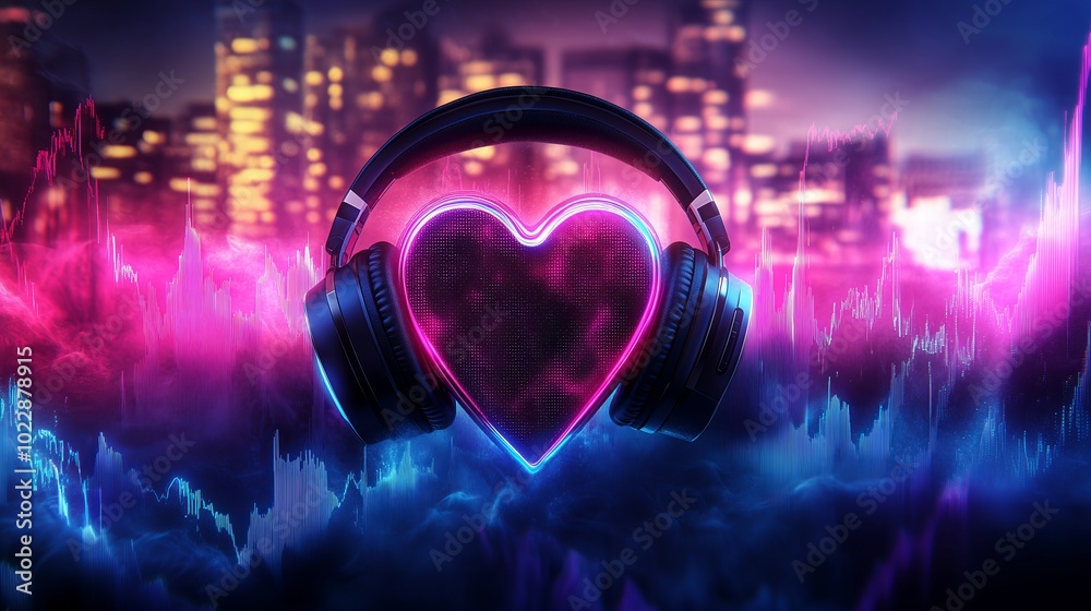 Neon heart with headphones and sound waves in futuristic city background Neon heart with headphones and sound waves in futuristic city background
