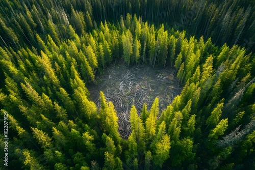 Top-down view of large-scale logging operations in a dense forested photo