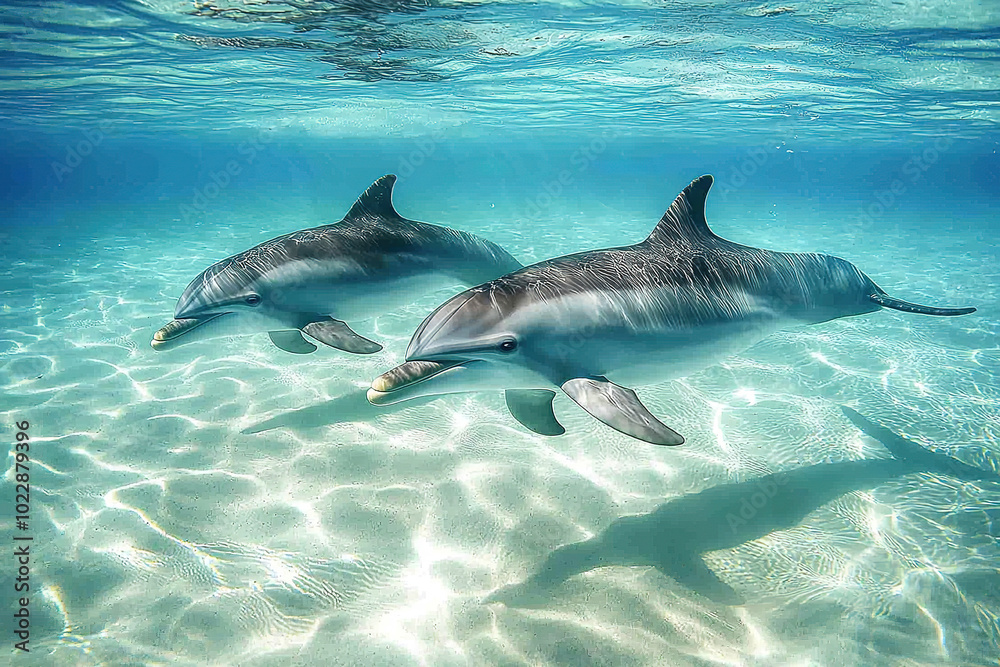 Fototapeta premium Two Dolphins Swimming in Clear Water 