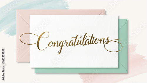 congratulations card featuring soft, pastel hues of pale pink, baby blue, and mint green, set against a clean white background, with a subtle texture resembling gentle watercolor brushstroke