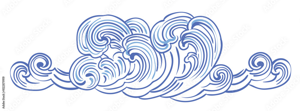 Flowing waves with swirls in blue tones on a white background. Japanese style concept, ocean waves wallpaper vector, blue line ocean wave ornament. Vector Palekh motifs. Flowing waves with swirls in blue tones on a white background. Japanese style concept, ocean waves wallpaper vector, blue line ocean wave ornament. Vector Palekh motifs.