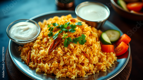 A beautifully plated motton biryani with fragrant rice, garnished with coriander, served with a bowl of creamy raita and a fresh cucumber-tomato salad on the side photo