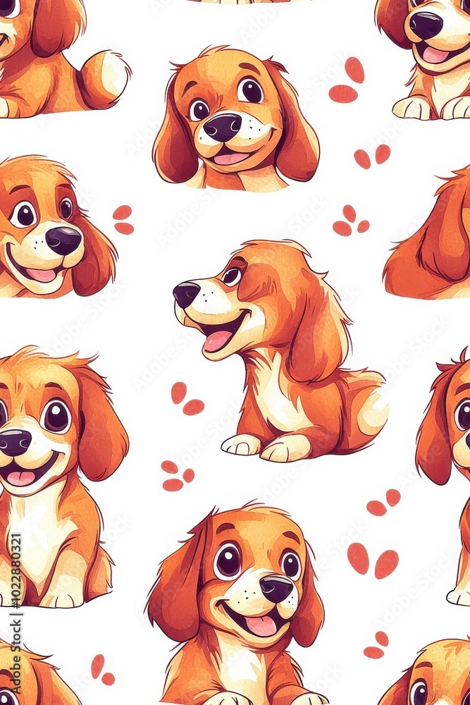 A watercolor seamless pattern of Cocker Spaniels, isolate on white background, with soft colors and artistic brushstrokes.
