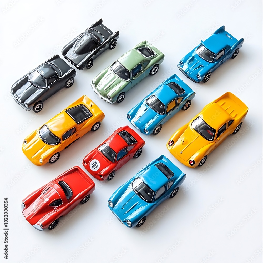 Naklejka premium A set of toy cars lined up on a white background, ready to race