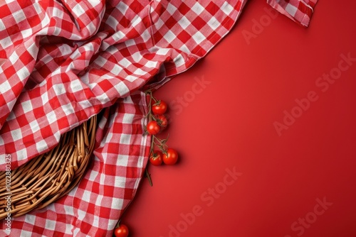 A checked tablecloth with fresh cherry tomatoes and a woven basket on a red background