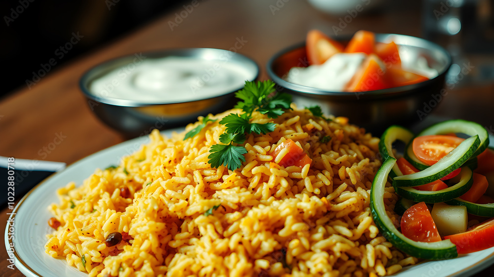 A beautifully plated motton biryani with fragrant rice, garnished with coriander, served with a bowl of creamy raita and a fresh cucumber-tomato salad on the side A beautifully plated motton biryani with fragrant rice, garnished with coriander, served with a bowl of creamy raita and a fresh cucumber-tomato salad on the side