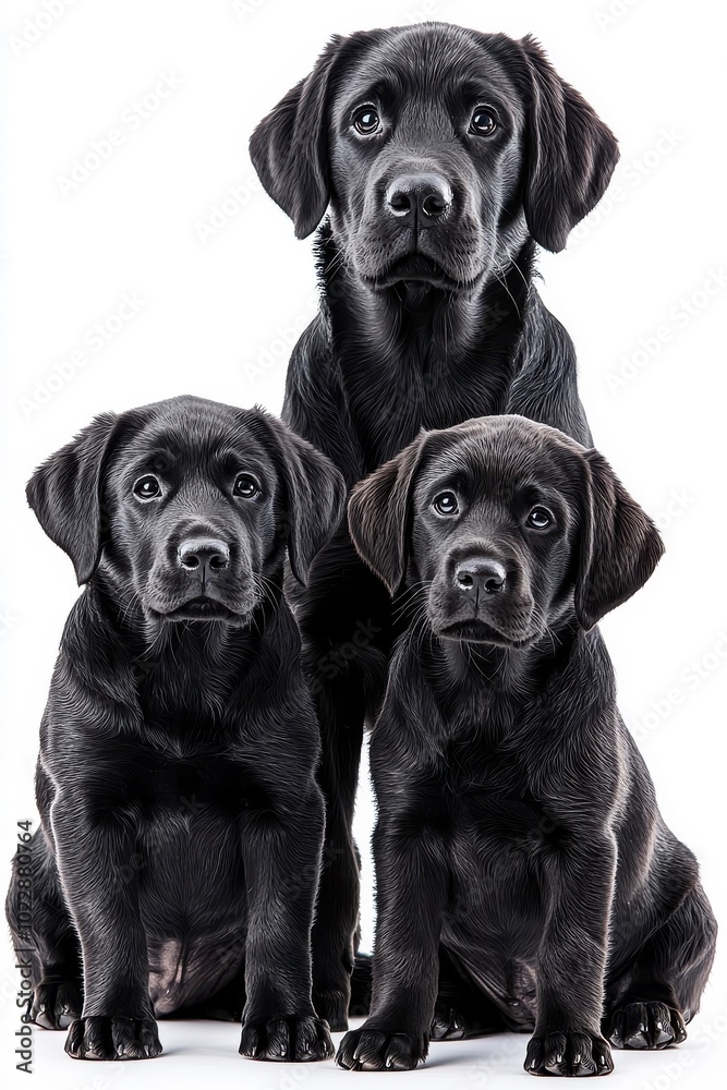 A family of Labrador Retrievers, isolate on white background, showcasing their bond and joyful interactions. A family of Labrador Retrievers, isolate on white background, showcasing their bond and joyful interactions.