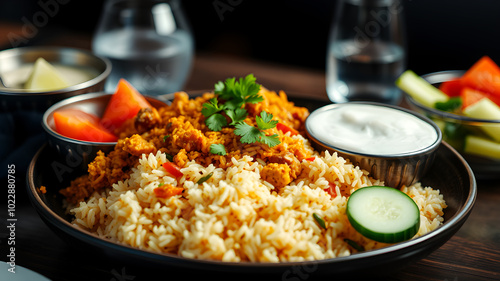 A beautifully plated motton biryani with fragrant rice, garnished with coriander, served with a bowl of creamy raita and a fresh cucumber-tomato salad on the side photo