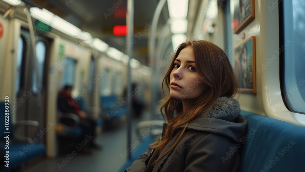 Fototapeta premium Young Woman in Contemplation on a Train Journey