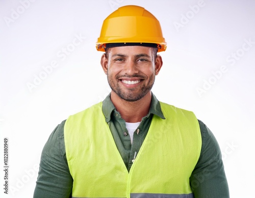 Male worker in vest and hardhat on white background