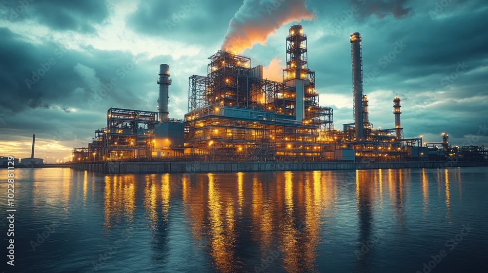 Obraz premium Industrial facility illuminated at dusk by water's edge.