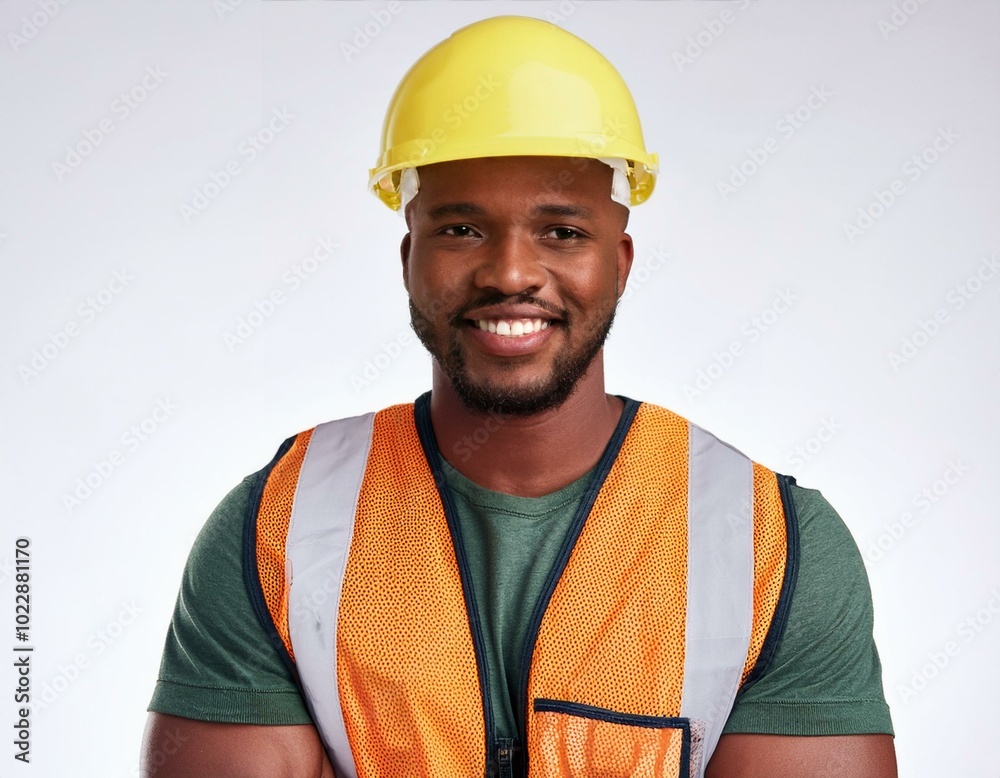 Male worker in vest and hardhat on white background Male worker in vest and hardhat on white background