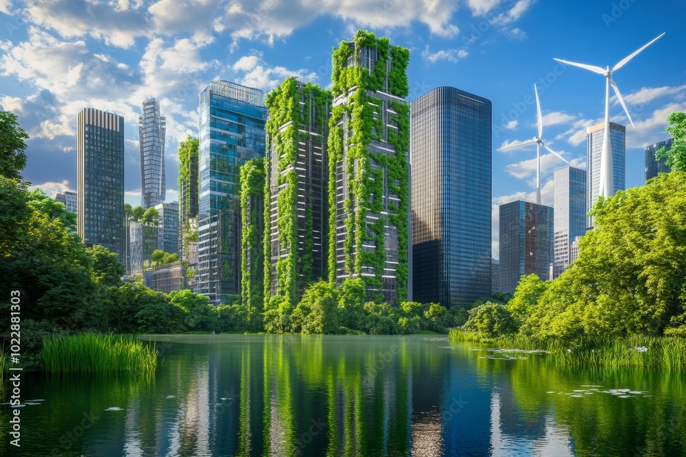 A futuristic cityscape with skyscrapers covered in greenery, surrounded by lush trees and water bodies, A futuristic cityscape with skyscrapers covered in greenery, surrounded by lush trees and water bodies,