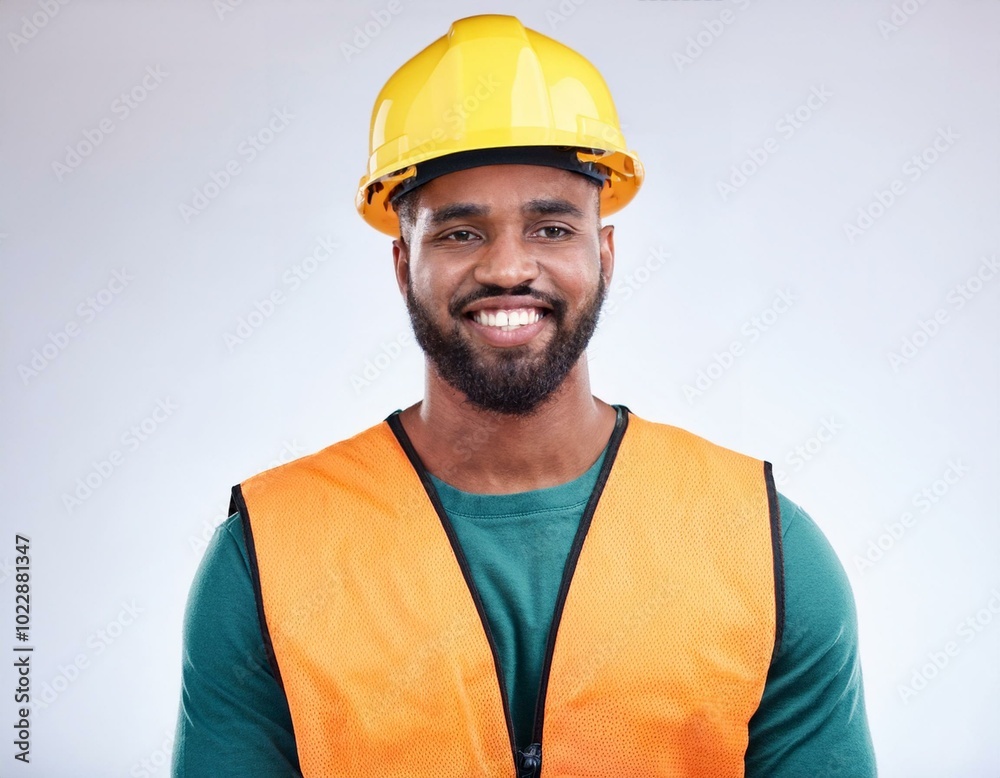 Male worker in vest and hardhat on white background Male worker in vest and hardhat on white background