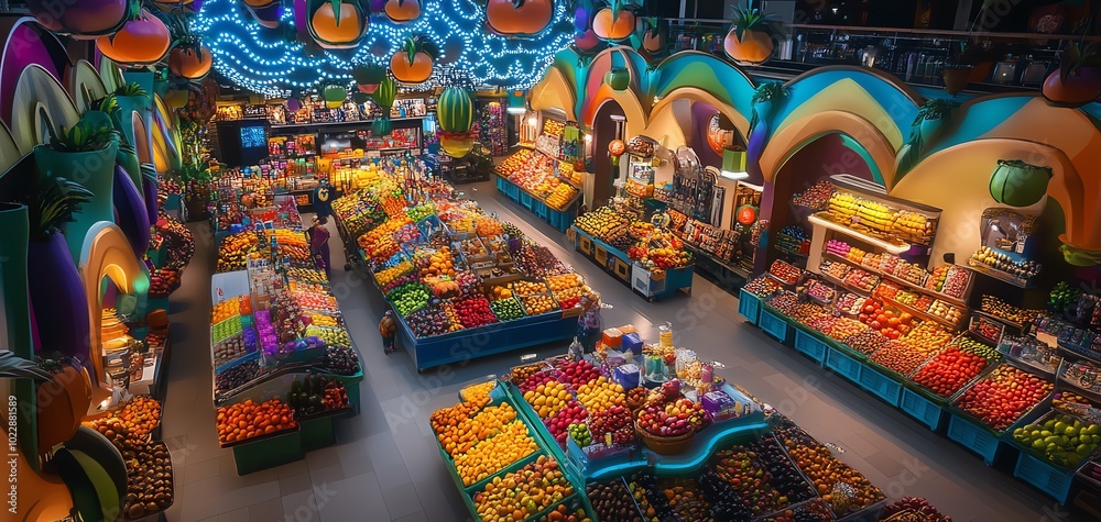 Fototapeta premium High-angle view of a vibrant fantasy market, colorful stalls filled with exotic fruits, whimsical lighting above