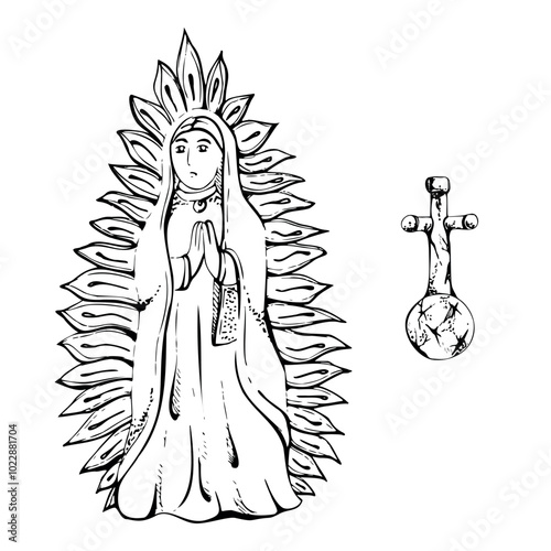 Mexican religious symbol, Holy virgin Mary of Guadalupe in flames, catholic Christian sculpture. Hand drawn ink vector illustration. Single element isolated on white. Design travel, vacation, brochure