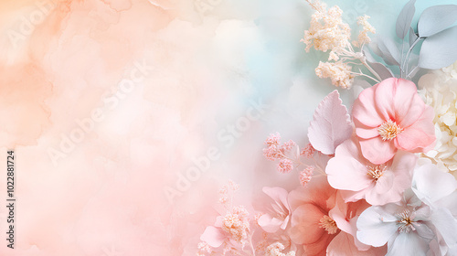Delicate flower and floral arrangement against pastel watercolor background for wedding invitation design
