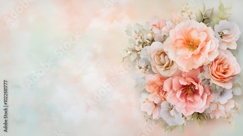 Delicate flower and floral arrangement against pastel watercolor background for wedding invitation design
