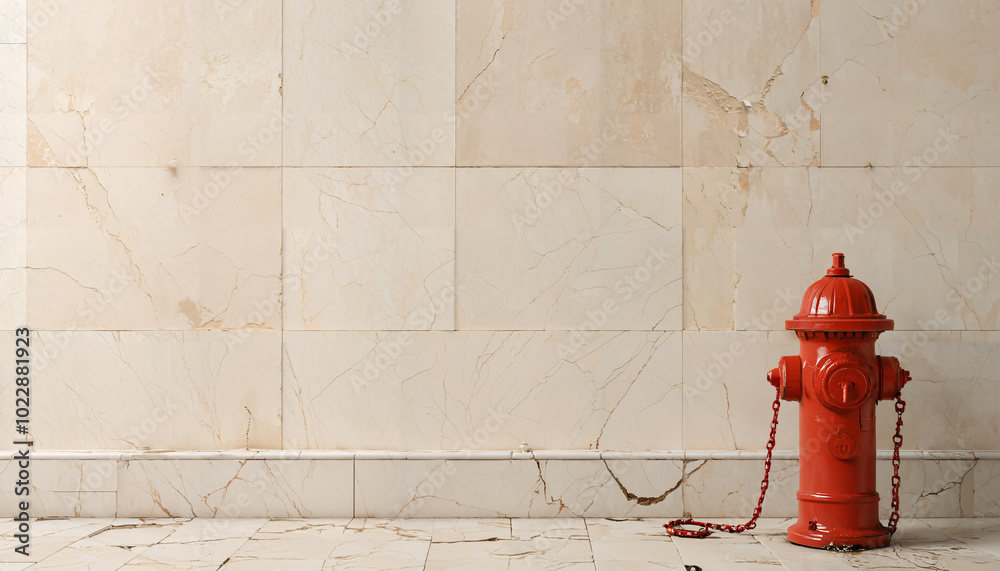 Hydrant rouge sur fond de carrelage beige Hydrant rouge sur fond de carrelage beige