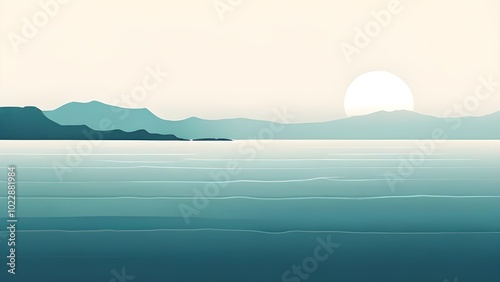 minimalist seascape with a smooth, horizontal line dividing the sky and water, using simple geometric waves and soft, desaturated blues and green