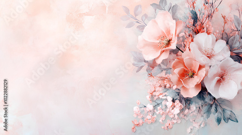 Delicate flower and floral arrangement against pastel watercolor background for wedding invitation design
