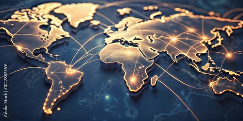 Close-up of a world map with glowing lines linking major financial centers






