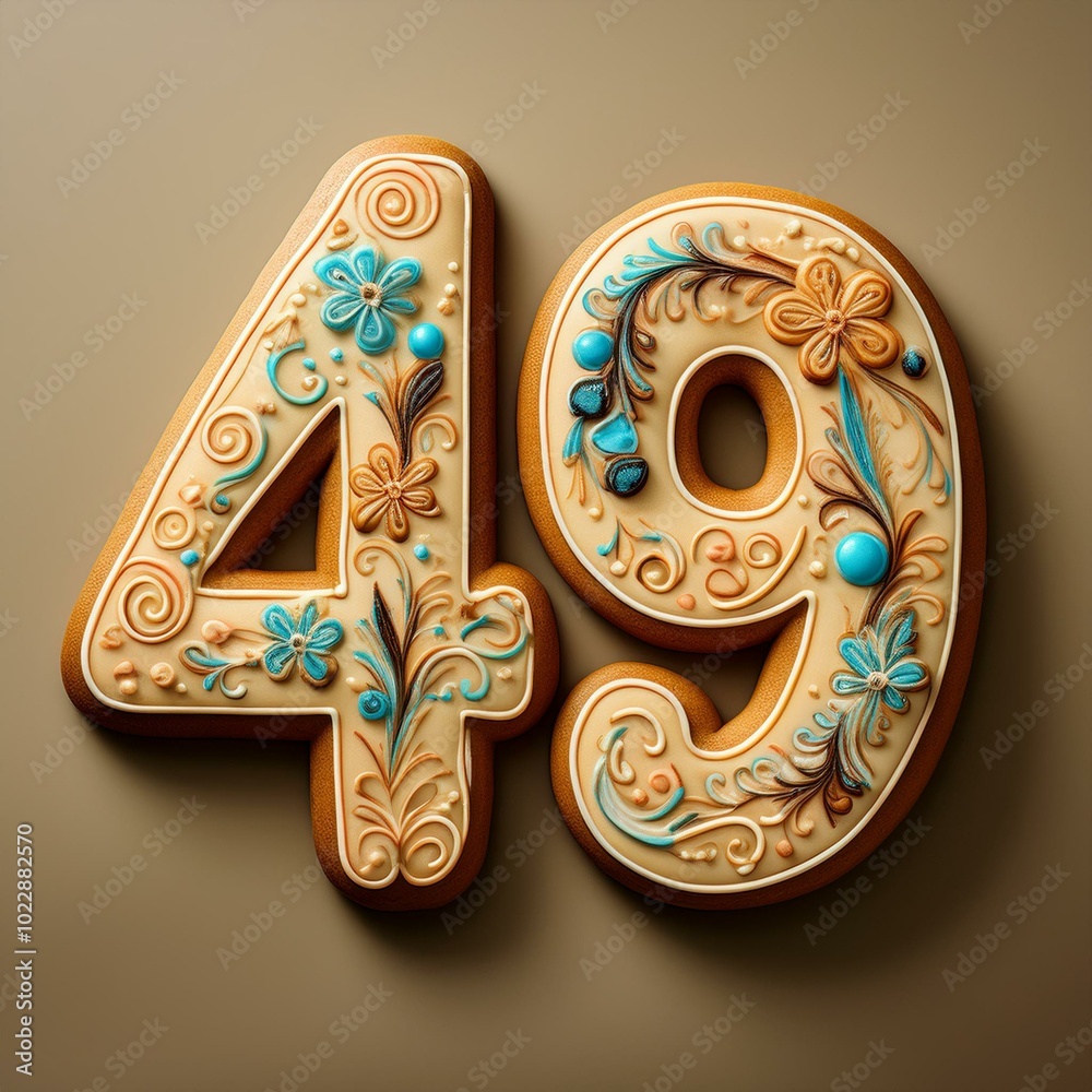 Decorated cookie, number 49, illustration for birthday or anniversary celebration Decorated cookie, number 49, illustration for birthday or anniversary celebration