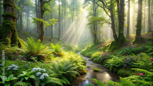 Sunbeams Filtering Through a Misty Forest, Illuminating a Serpentine Stream, Surrounded by Vibrant Ferns and Delicate Wildflowers