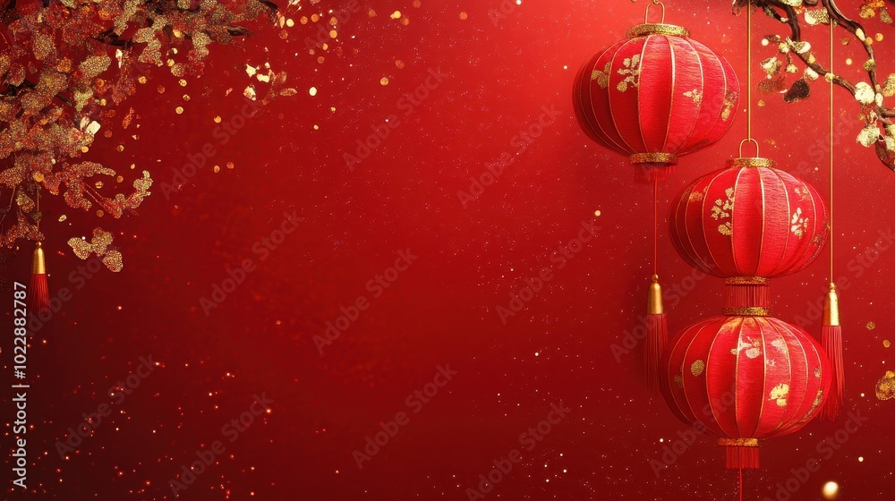 Obraz premium Vibrant Chinese New Year Celebration with Glowing Lanterns and Floral Accents