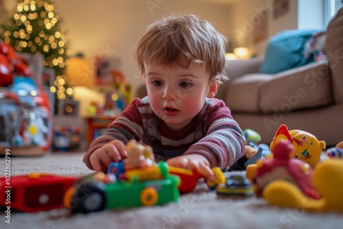 A curious toddler explores colorful toys scattered on the floor. Soft lighting adds a cozy feel to this playful moment. Ideal for family and childhood concepts. Generative AI