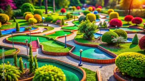 Vibrant Miniature Golf Course with Colorful Obstacles and Lush Landscaping in a Fun Outdoor Setting photo