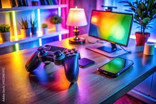 Vibrant mobile gaming setup with colorful lights and accessories on a stylish desk with a controller photo