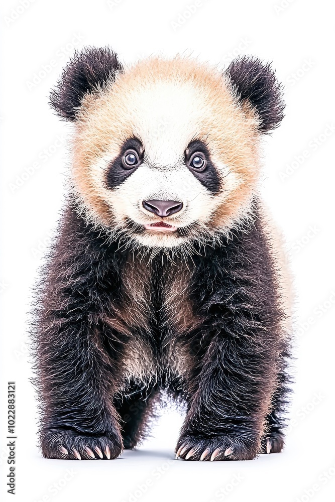 Fototapeta premium A panda standing, isolate on white background, showcasing its unique black and white fur patterns.