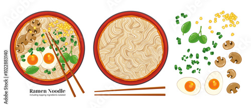 Ramen noodles Japanese or Korean traditional food. Bowl of ramen soup with chopsticks top view vector illustration. Asian noodles, eggs, mushrooms, corn, onion, basil leaves. Oriental dish isolated.