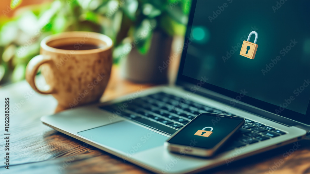 Digital security concept with locked devices on a desk Digital security concept with locked devices on a desk