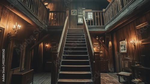 Wooden Staircase in a Rustic Cabin