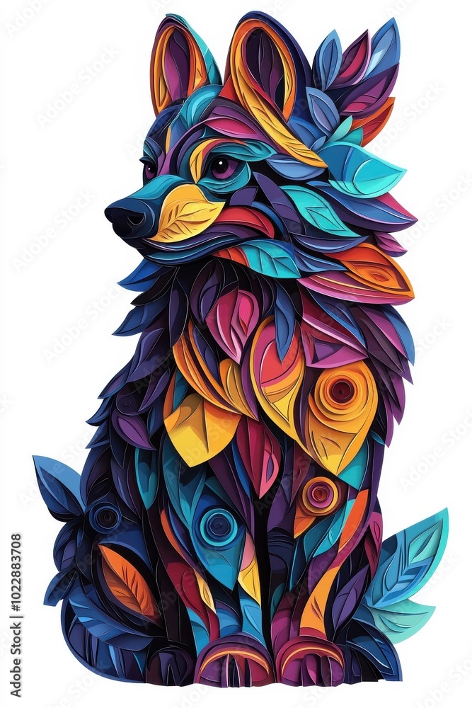 Fototapeta A multicolored paper art representation of a hyena, isolate on white background, adding a vibrant visual element.