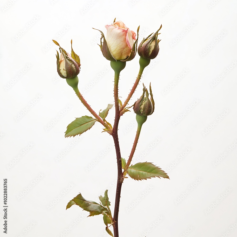 Fototapeta premium A single Rosa rugosa stem surrounded by buds, close-up, detailed shot, against a white background